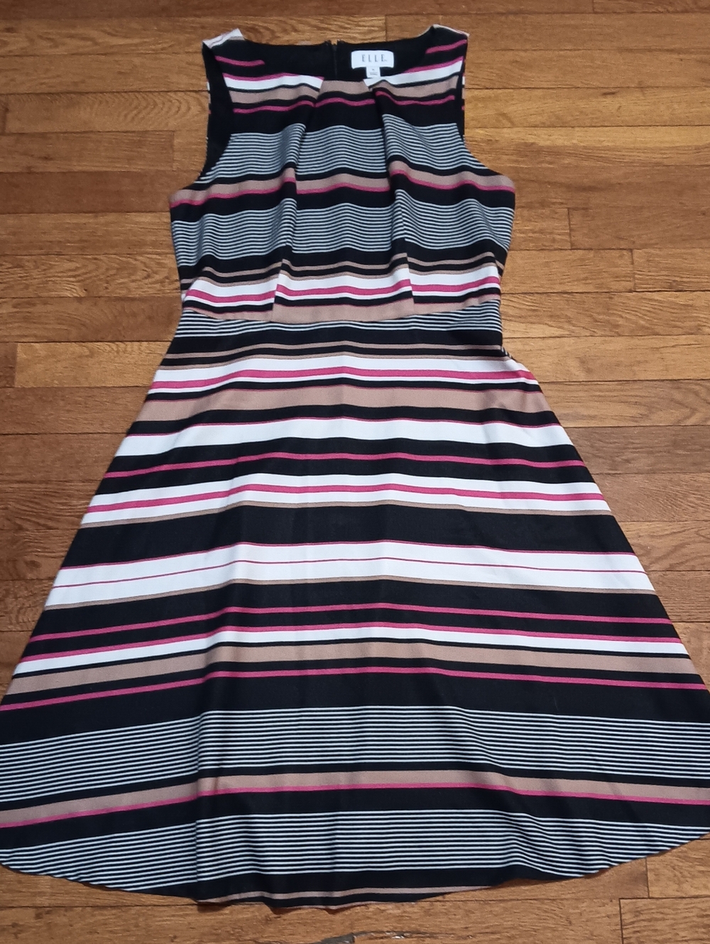Elle Black, Pink & Tan Striped Sleeveless Midi Dress